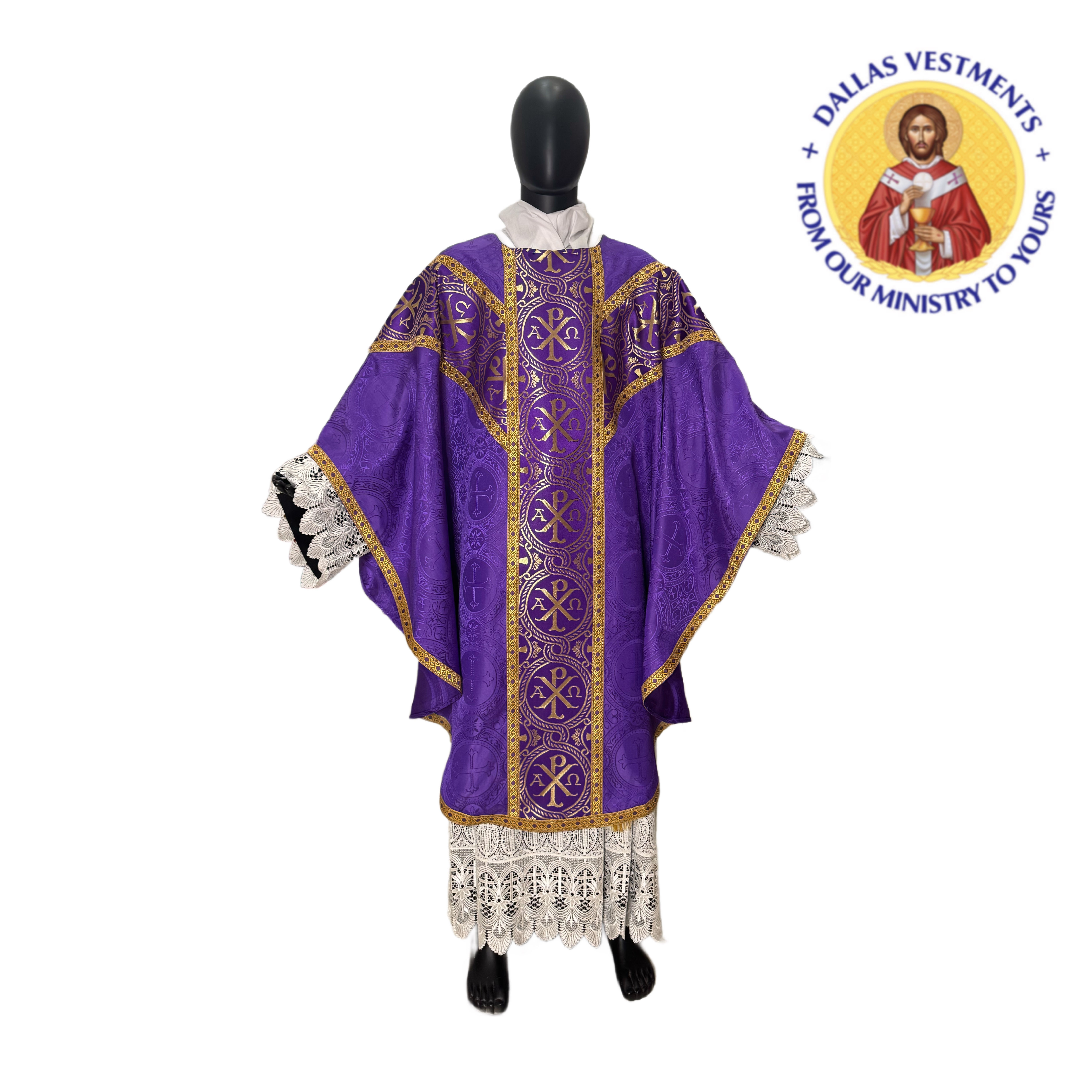 Purple Brocade Semi-Gothic Chasuble + stole (Chi and Rho)