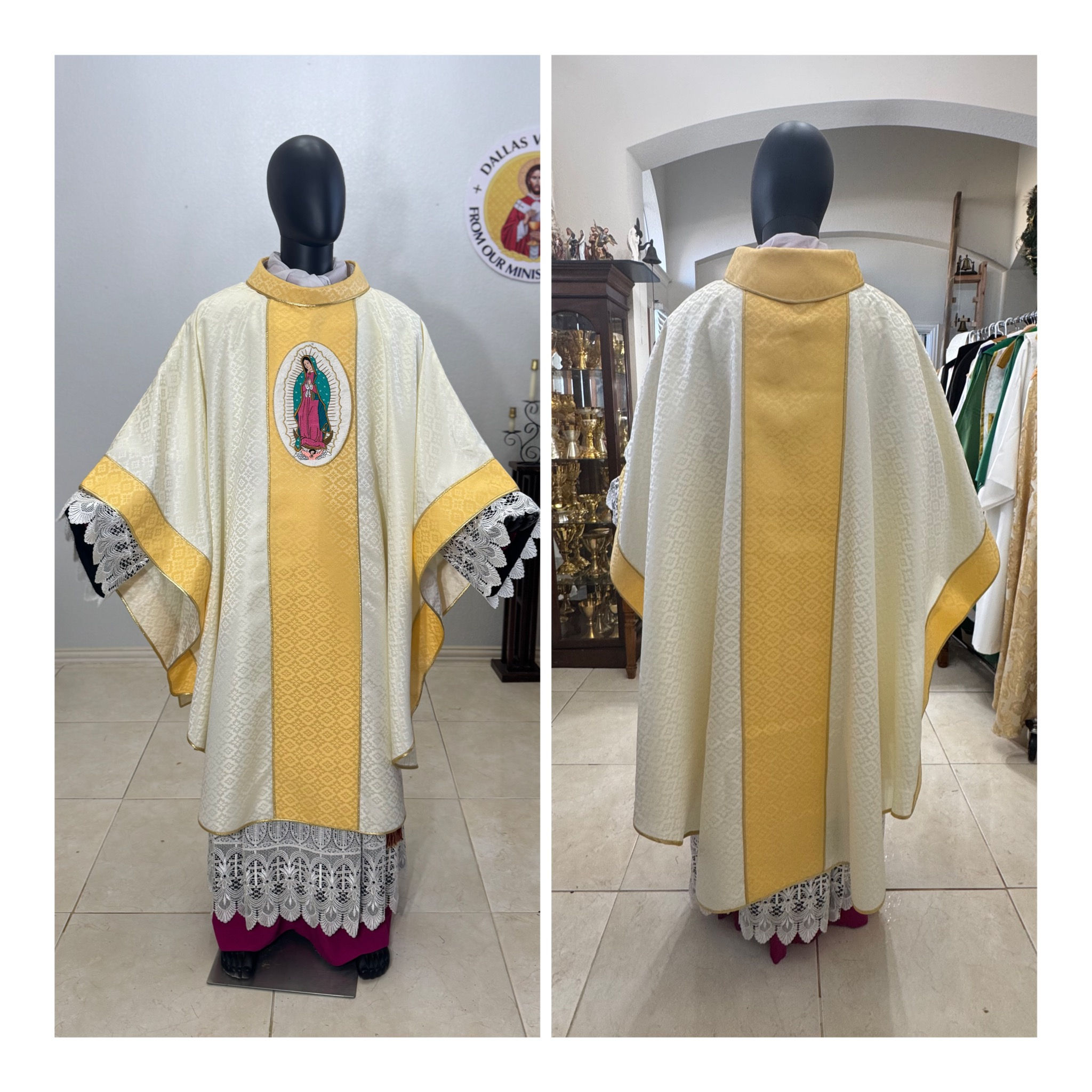 White Gold Collared Monastic Chasuble + Stole ( Our Lady of Guadalupe)