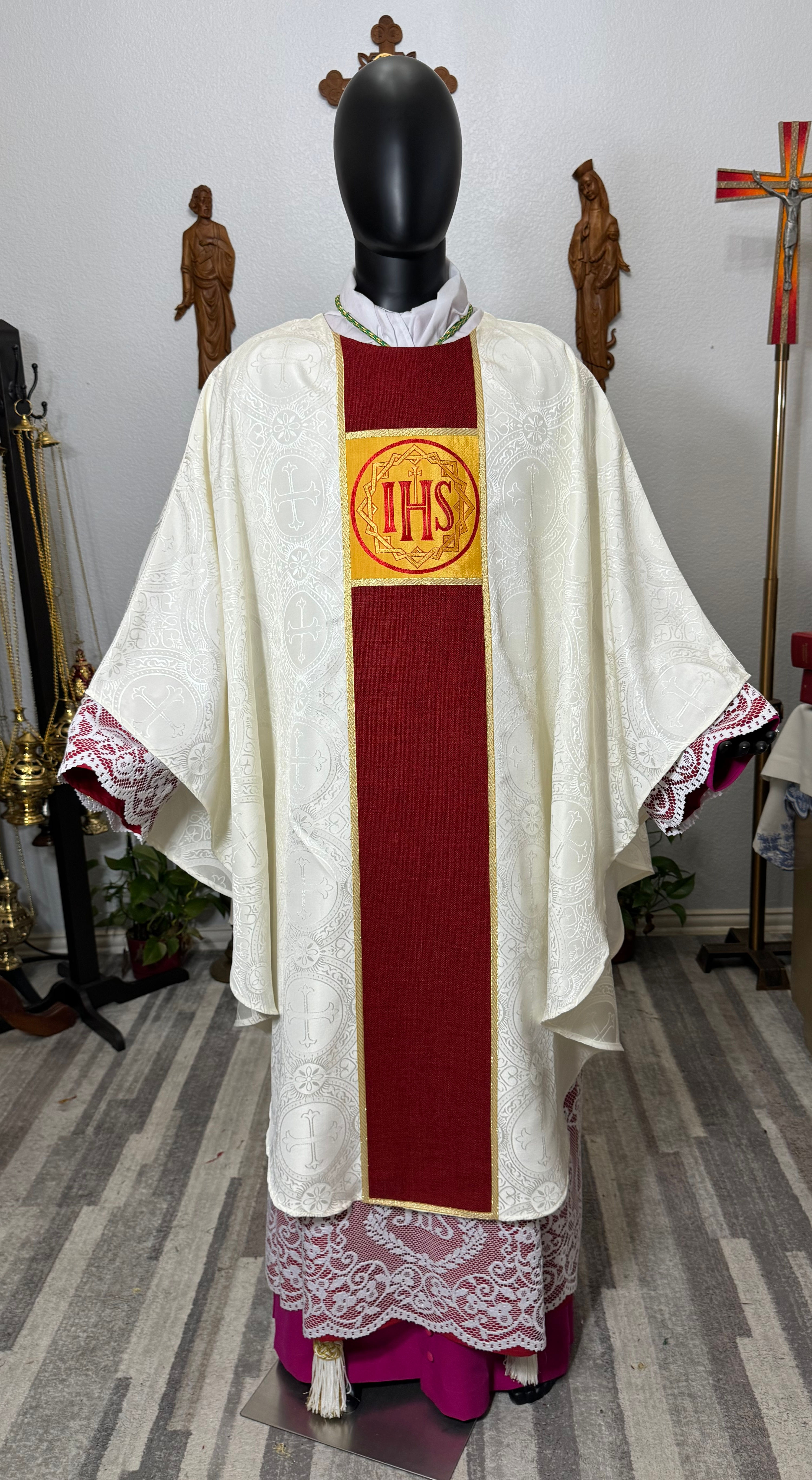 White Gothic Chasuble + Stole ( Red Band) JHS