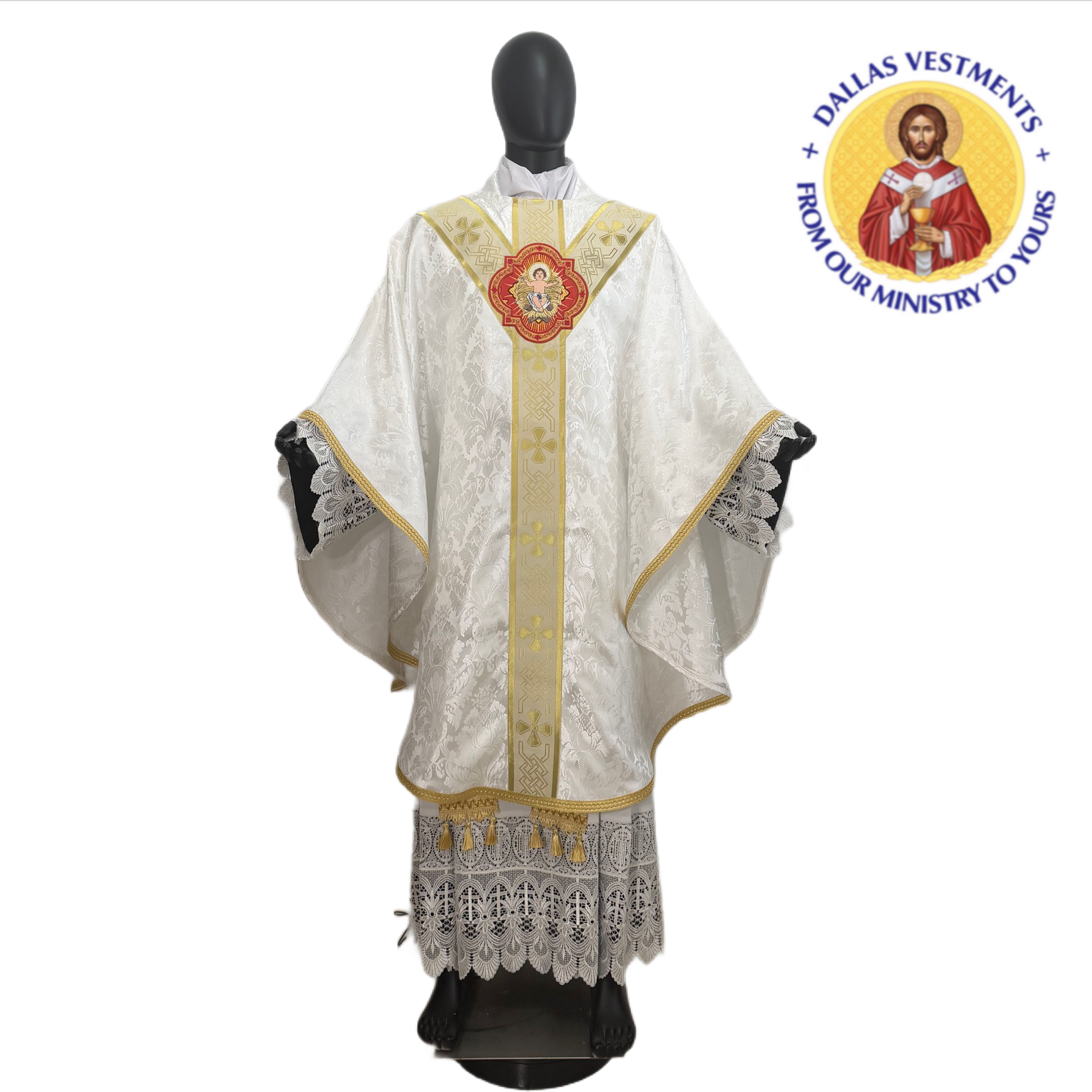 White Jacquard Semi-Gothic Chasuble + Stole ( Baby Jesus )
