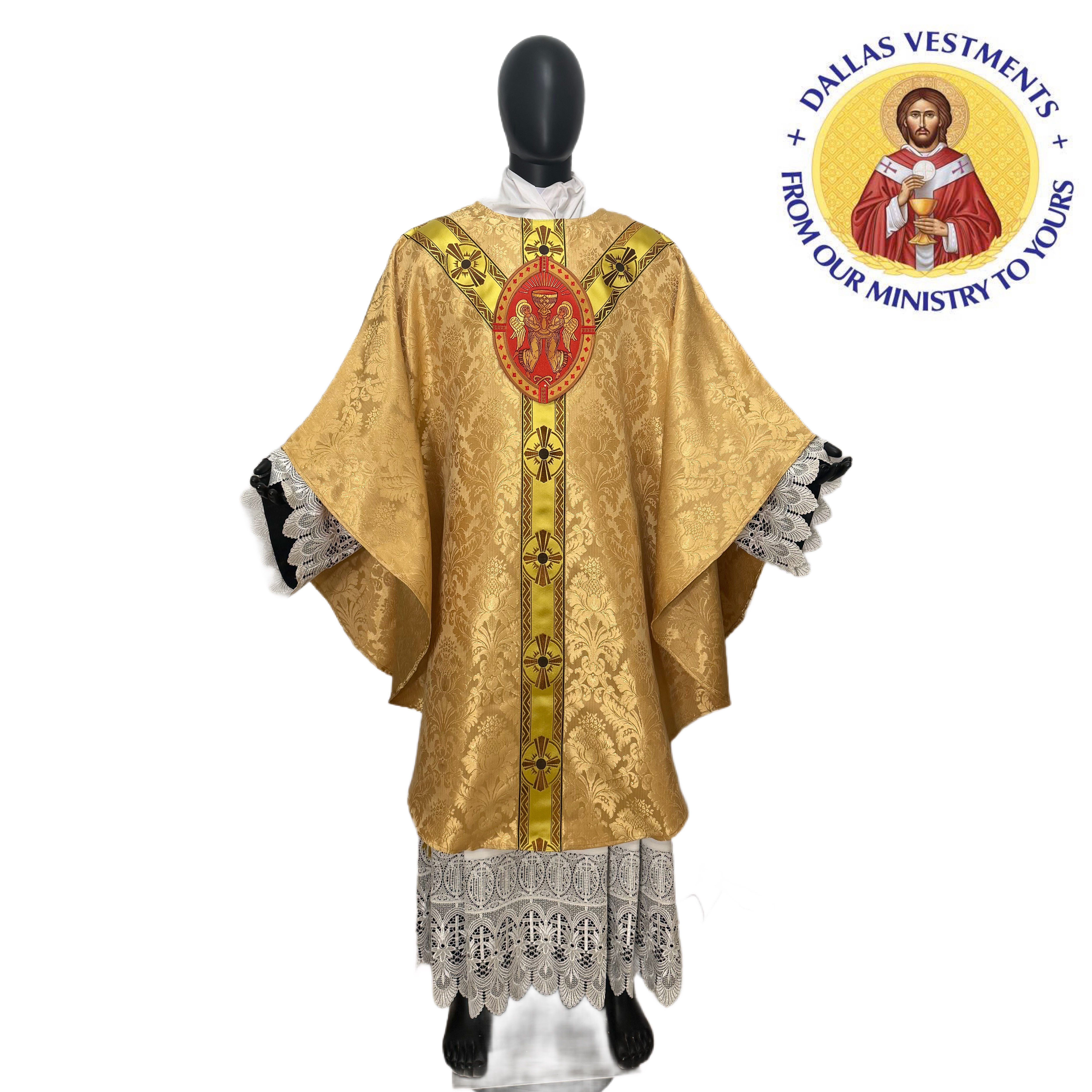 Gold Jacquard Semi-Gothic Chasuble with Stole (French Orphrey) Eucharist