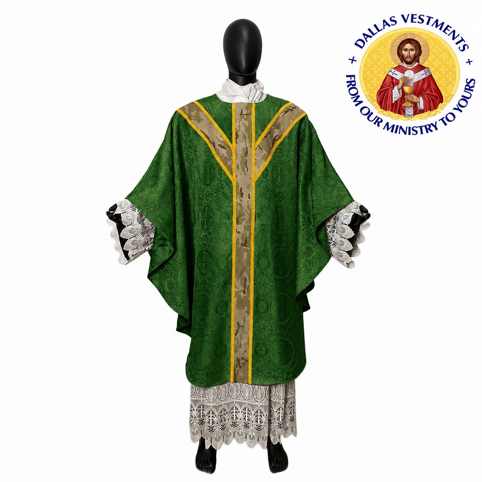 Thumbnail: Green Brocade Semi-Gothic Chasuble (MultiCamo Orphrey)