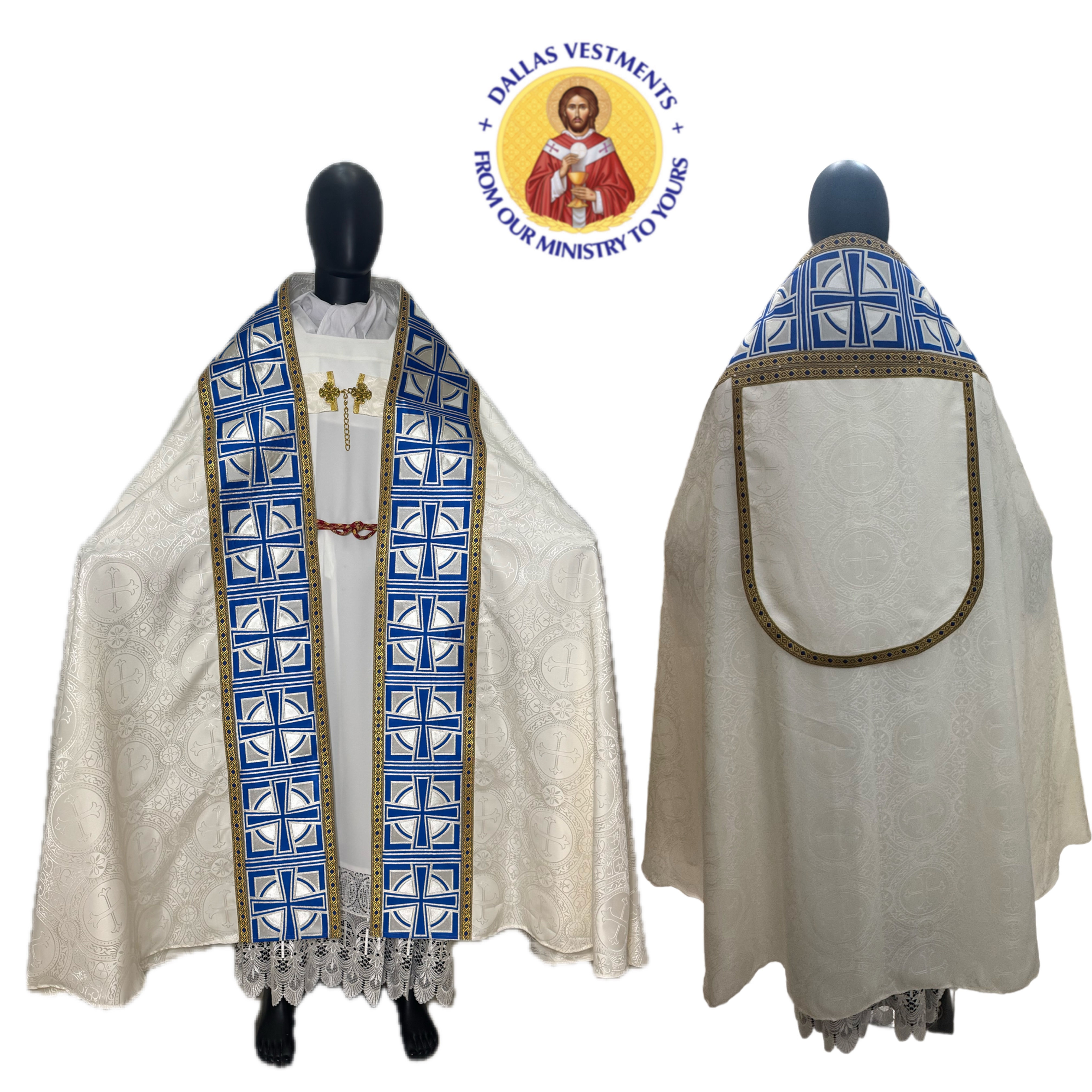 White Roman Cope Set ( Blue Orphrey )