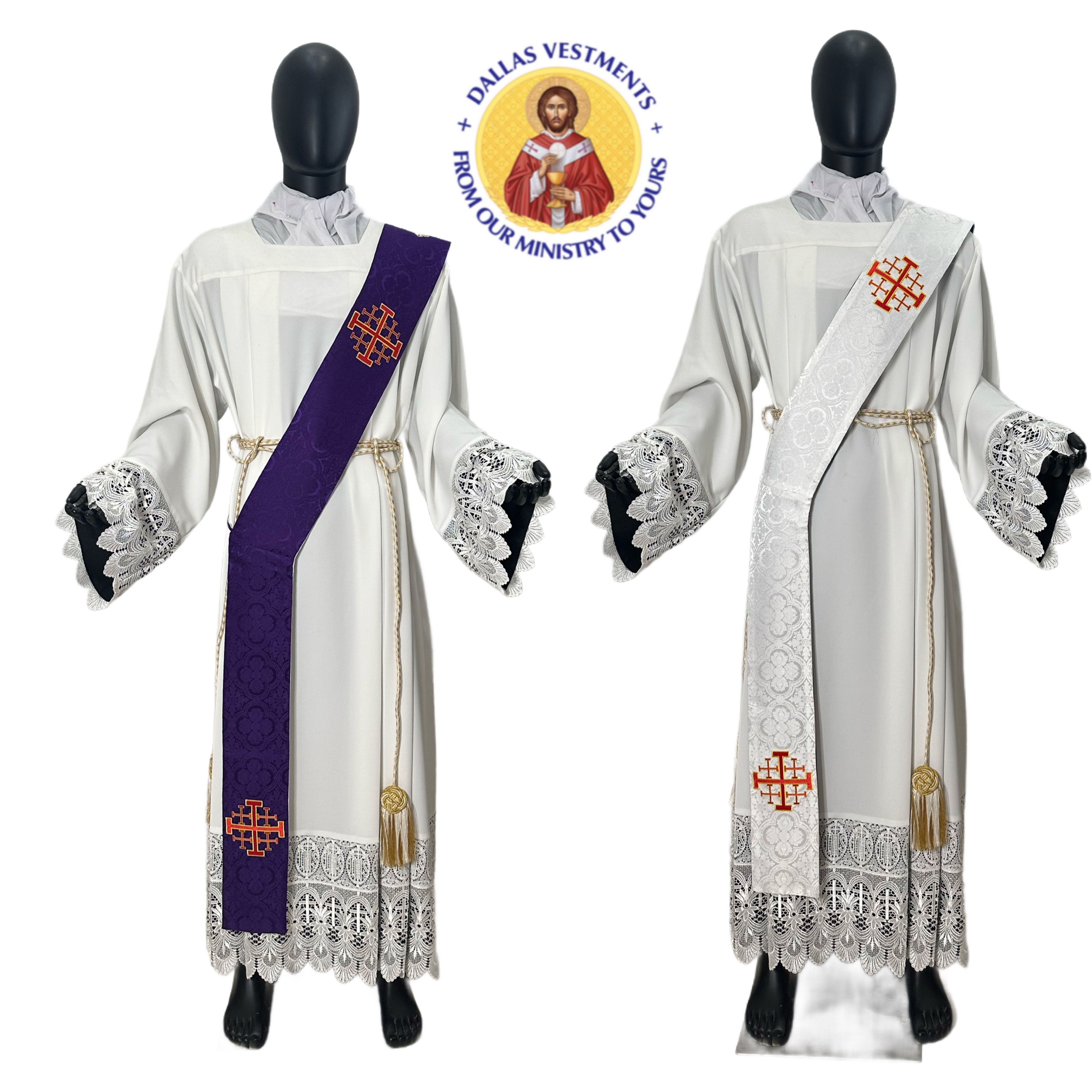 WHITE/PURPLE REVERSIBLE DEACON STOLE (JERUSALEM CROSS)