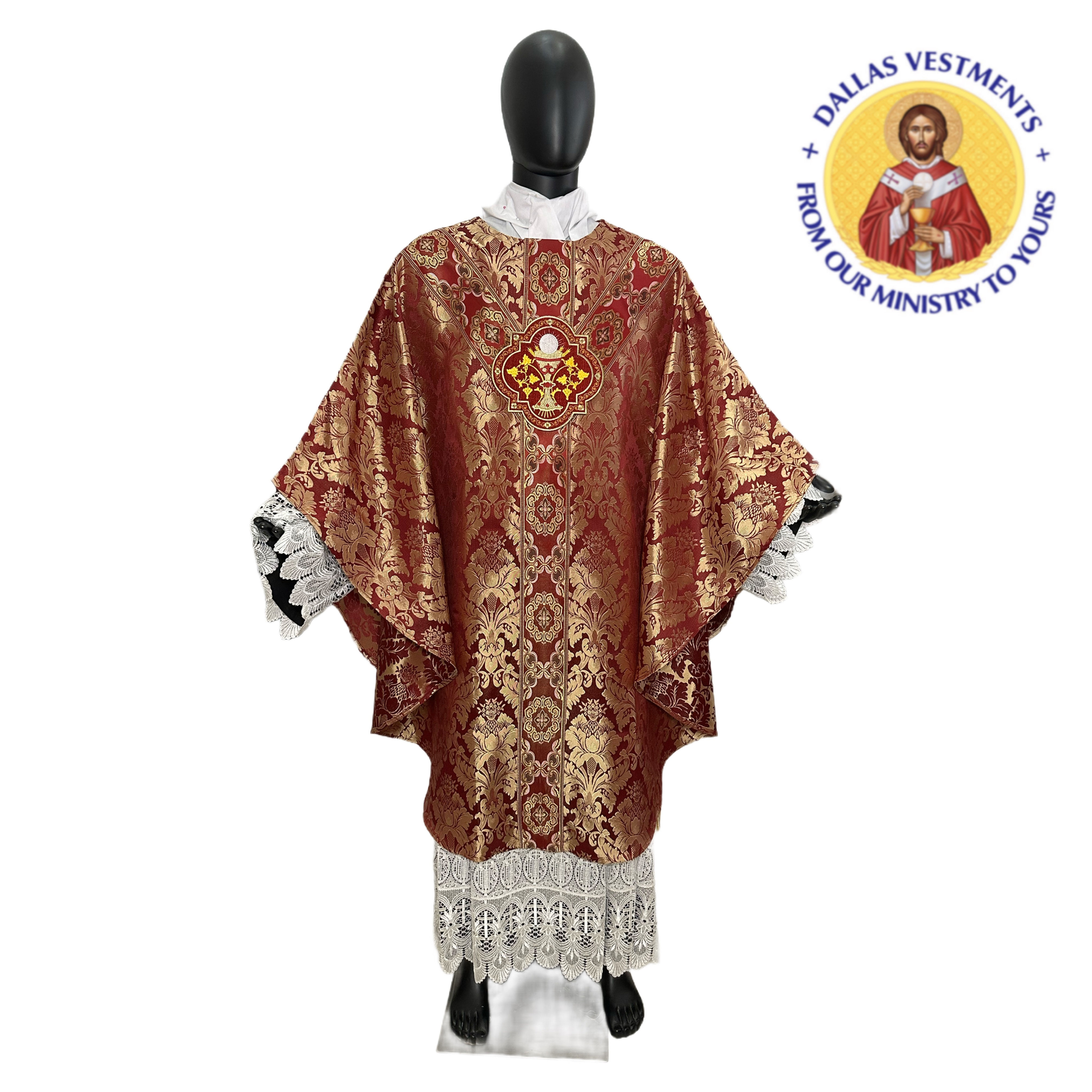 Red Jacquard Semi-Gothic Chasuble + Stole (Eucharist)