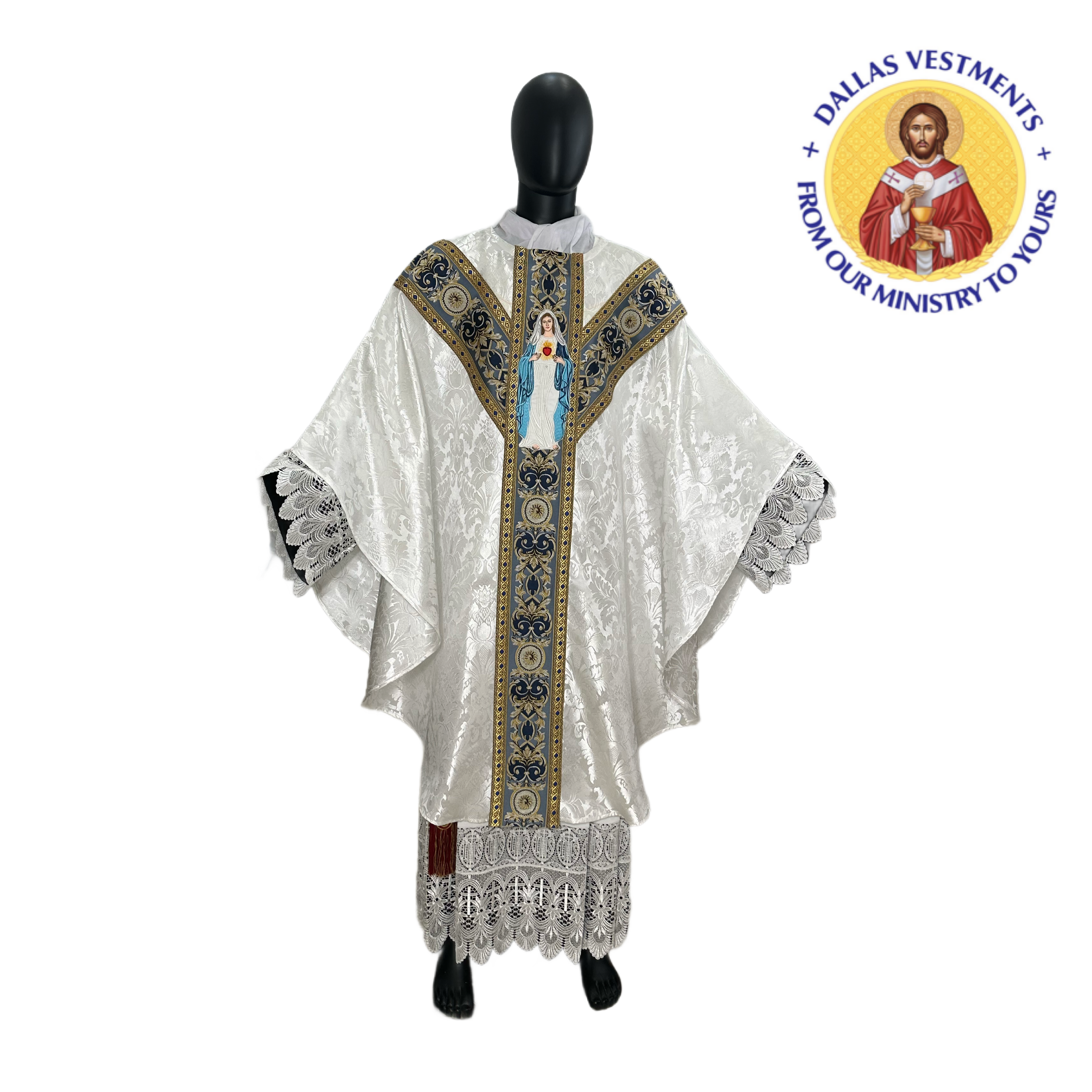 White Semi-Gothic Chasuble set (Immaculate Heart of Mary))