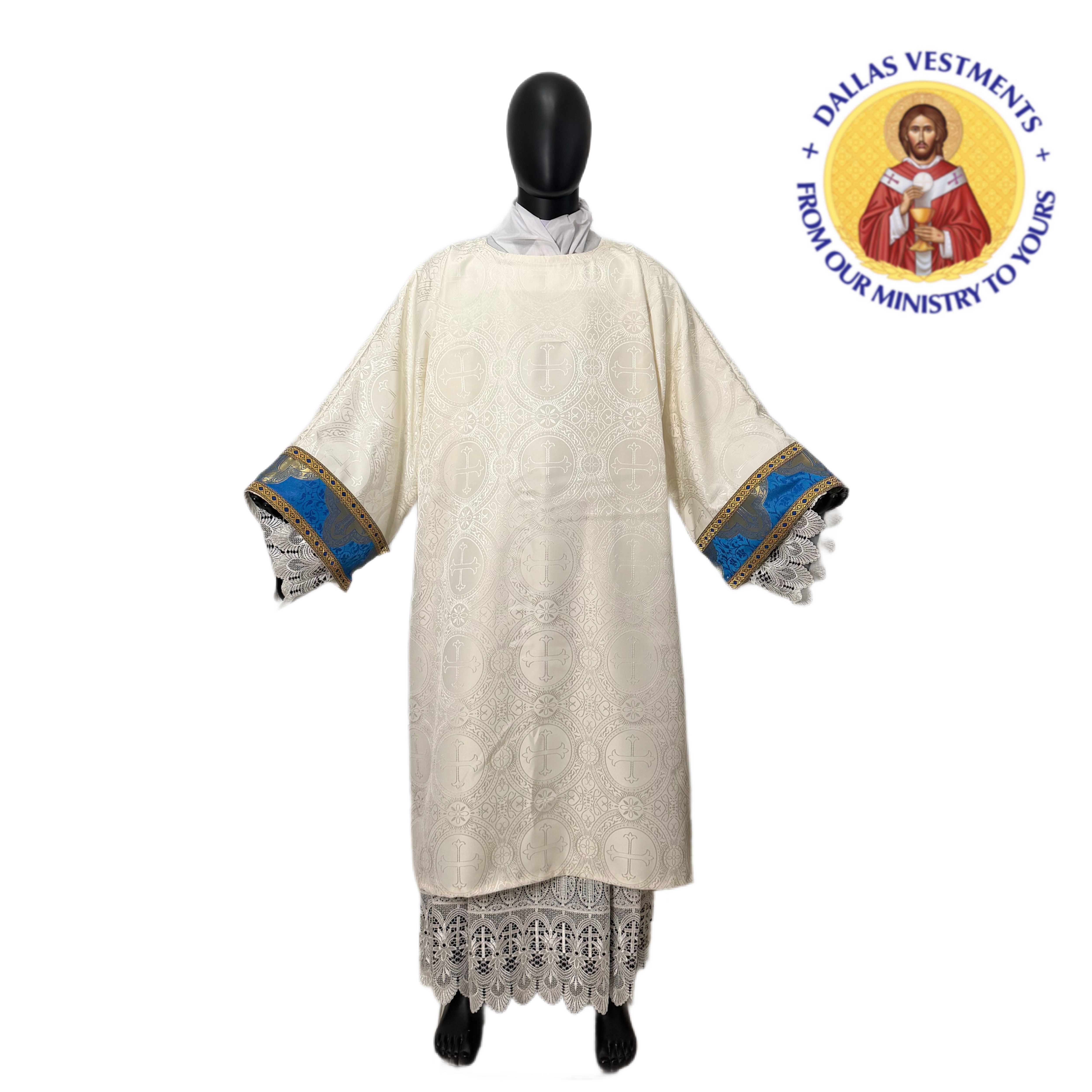 White Brocade Dalmatic + Stole (Blue Gold)