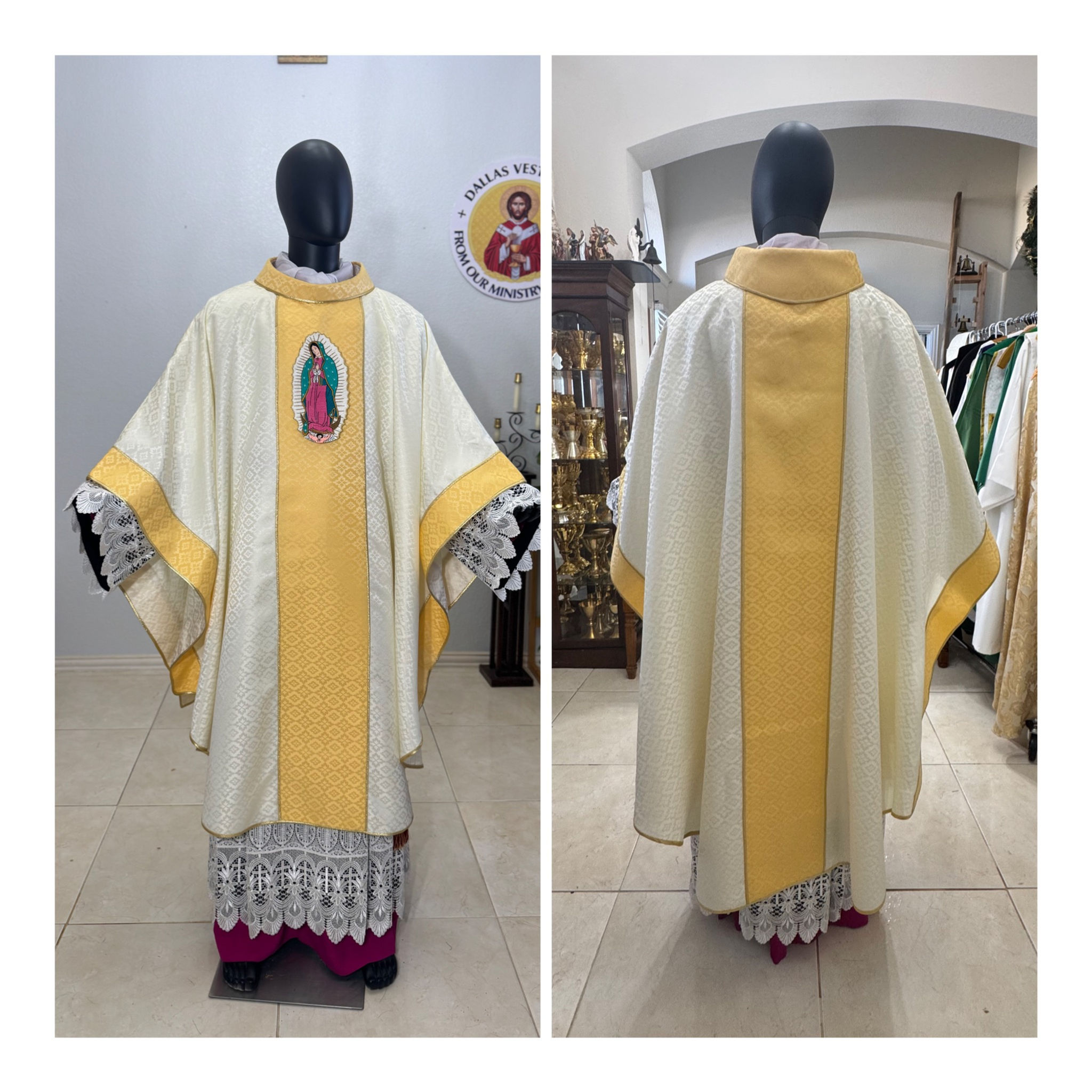 White Gold Collared Monastic Chasuble + Stole ( Our Lady of Guadalupe)