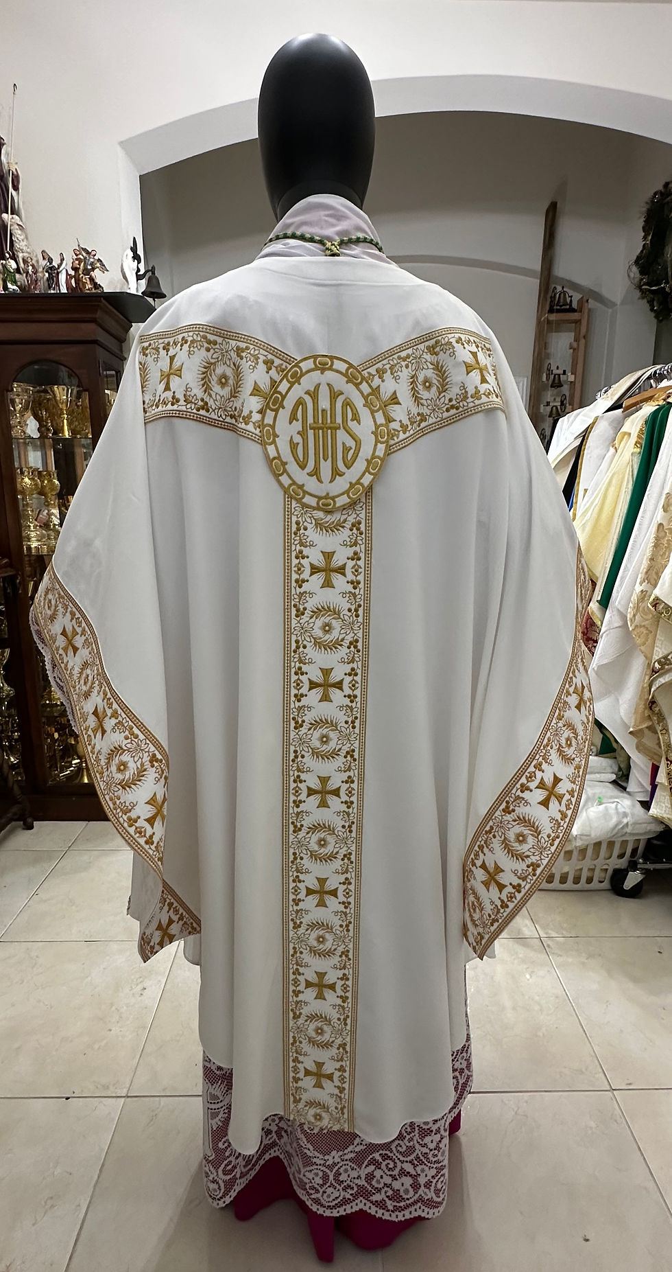 Thumbnail: White  Monastic Chasuble + Stole - Mysterium Fidei III (JHS)