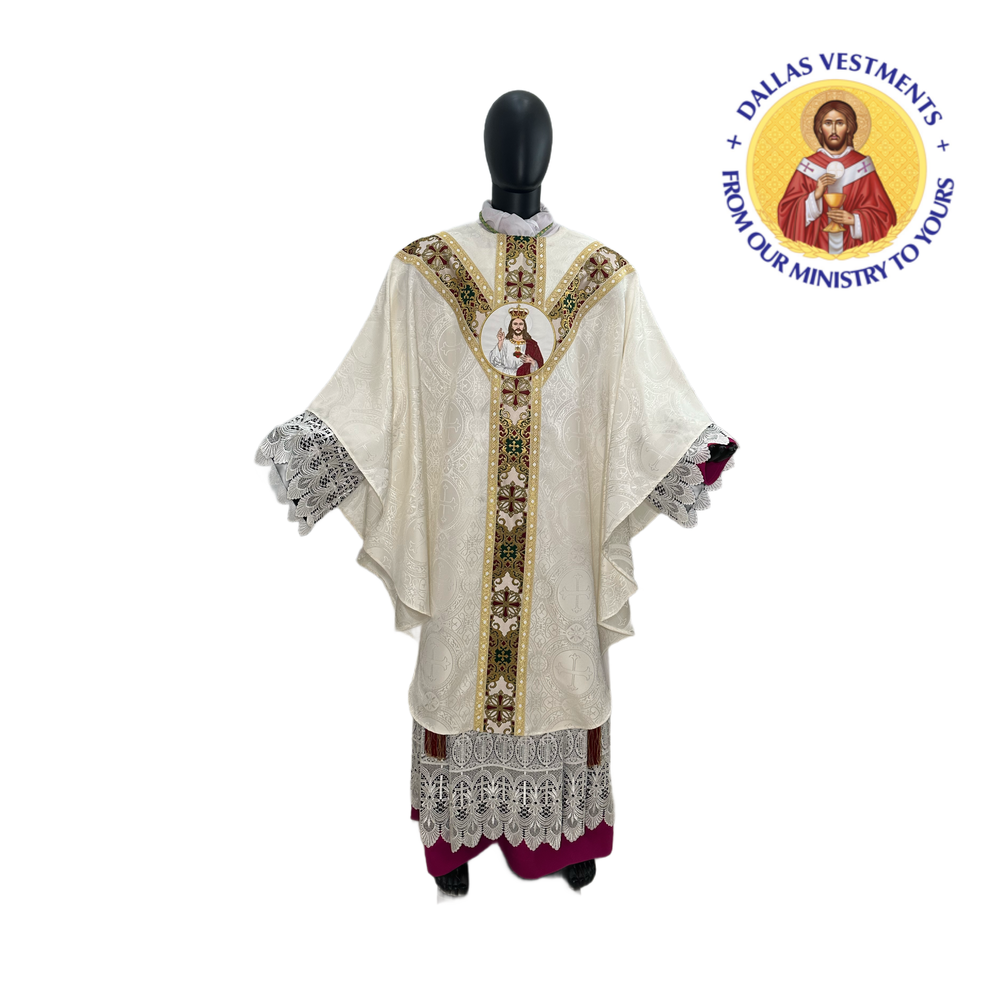 White Semi-Gothic Chasuble set with Christ the King ( Victoria)
