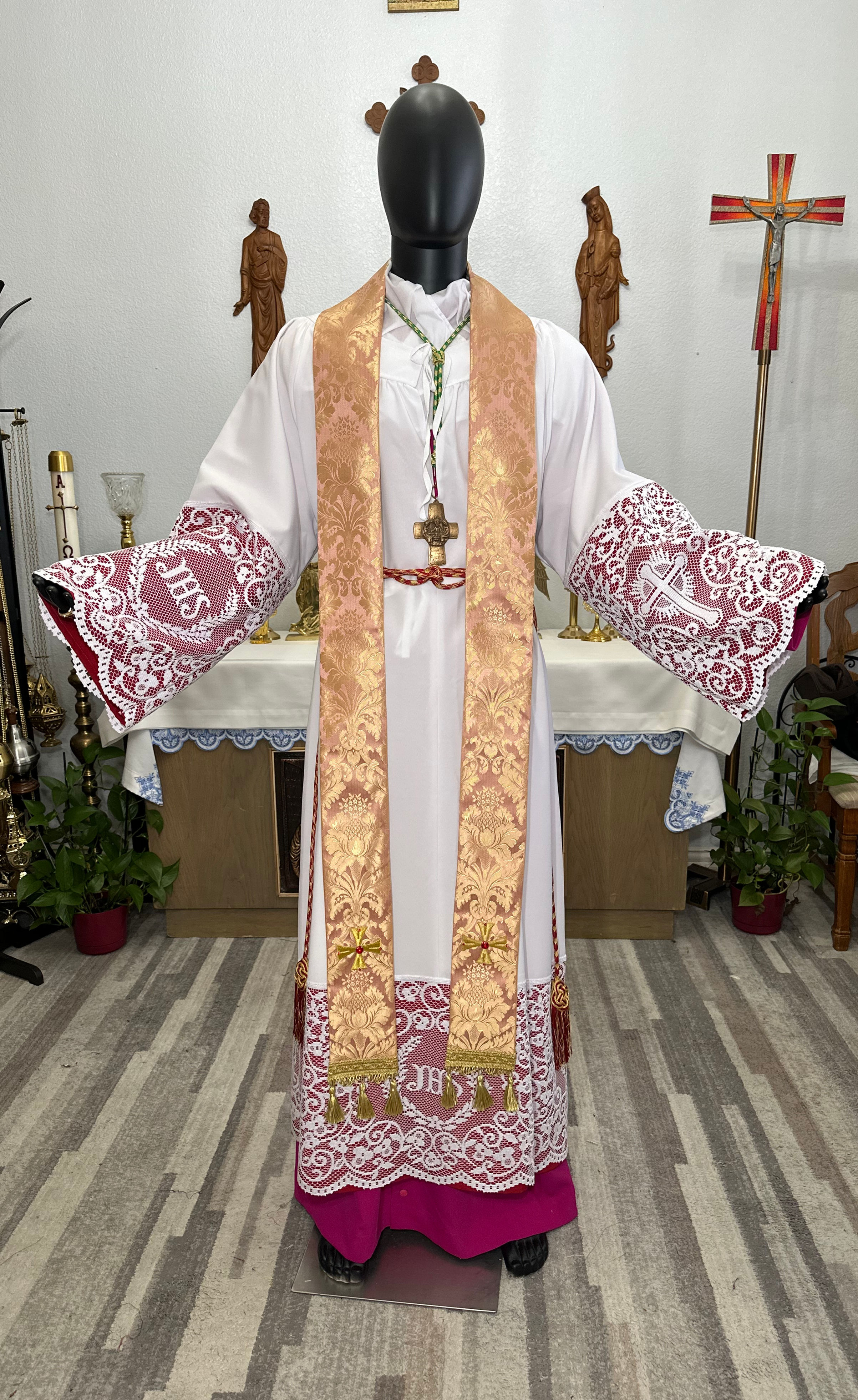 ROSE GOLD PRIEST STOLE WITH SEW ON GLASS RHINESTONES AND TASSLES