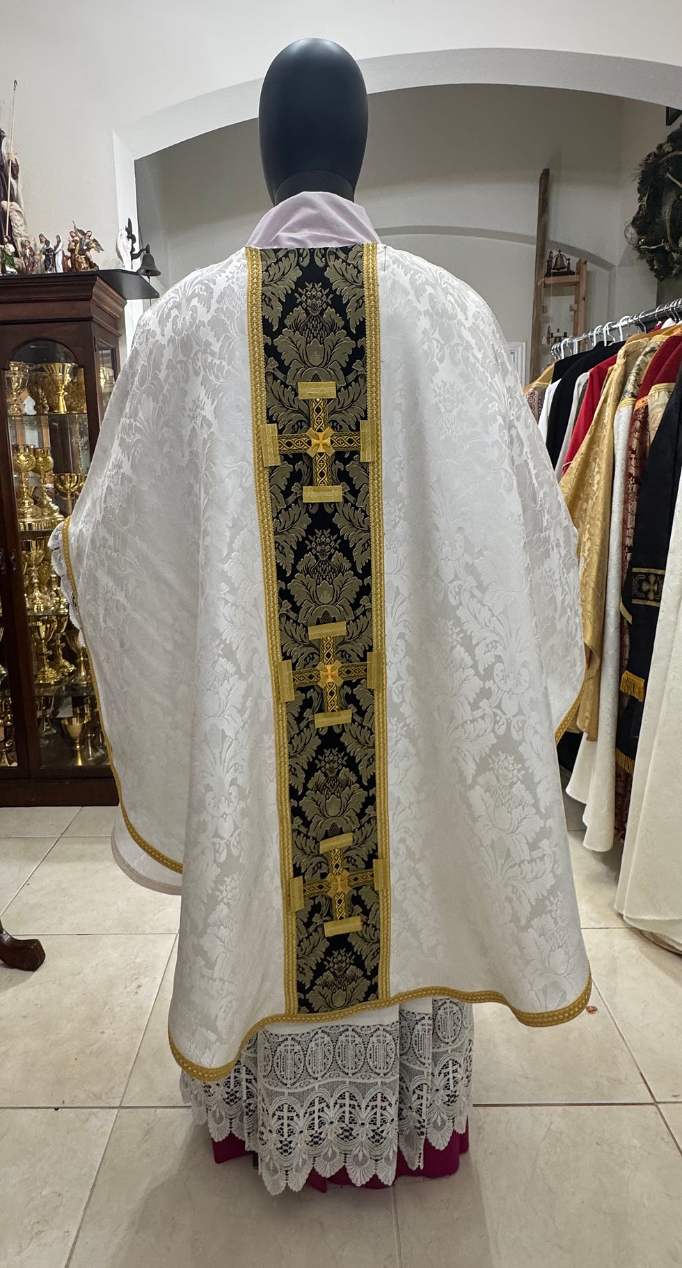 Thumbnail: White Gothic Chasuble (Black Orphrey) with Triple Cross 