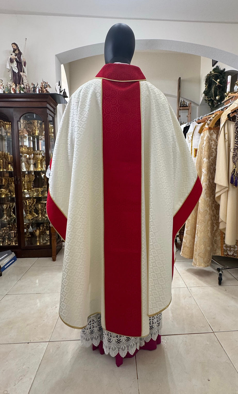 Thumbnail: White Red Collared Monastic Chasuble + Stole ( Christ the King)