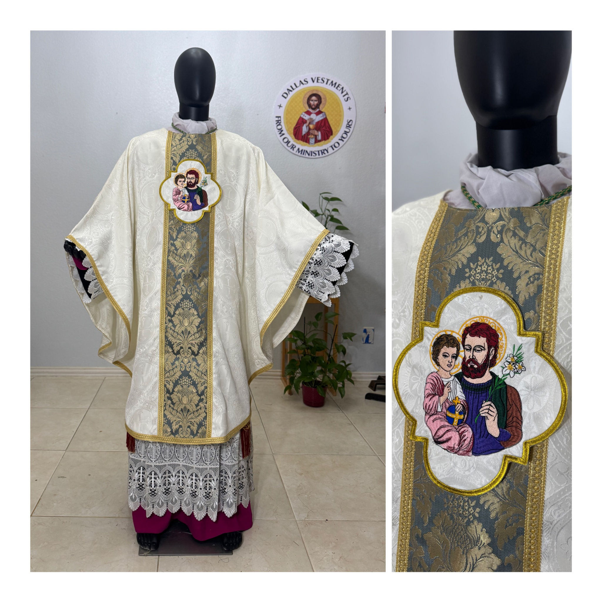 White Gothic Chasuble with Blue Orphrey + stole ( Saint Joseph)