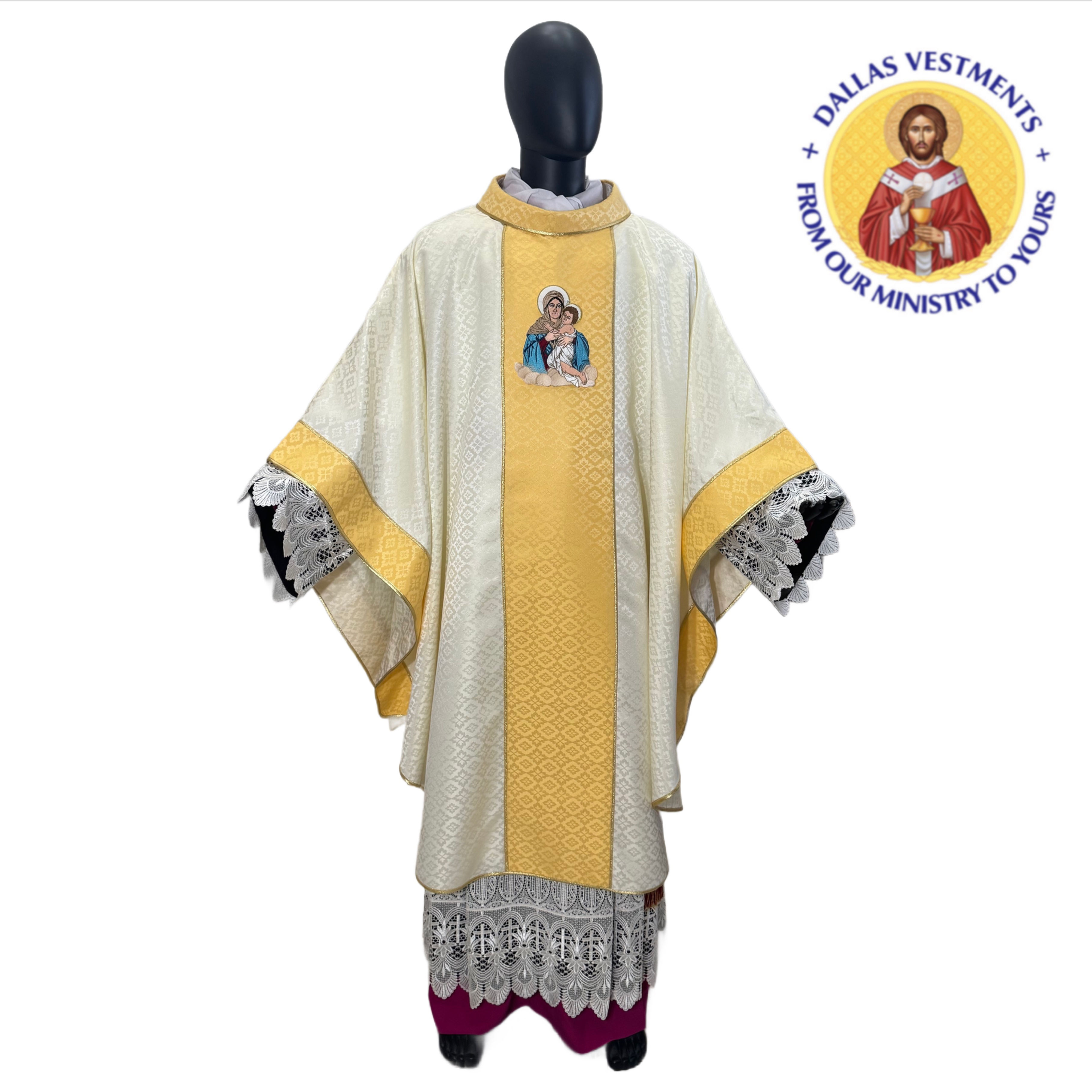 White Gold Collared Monastic Chasuble + Stole ( Madonna and Child) 