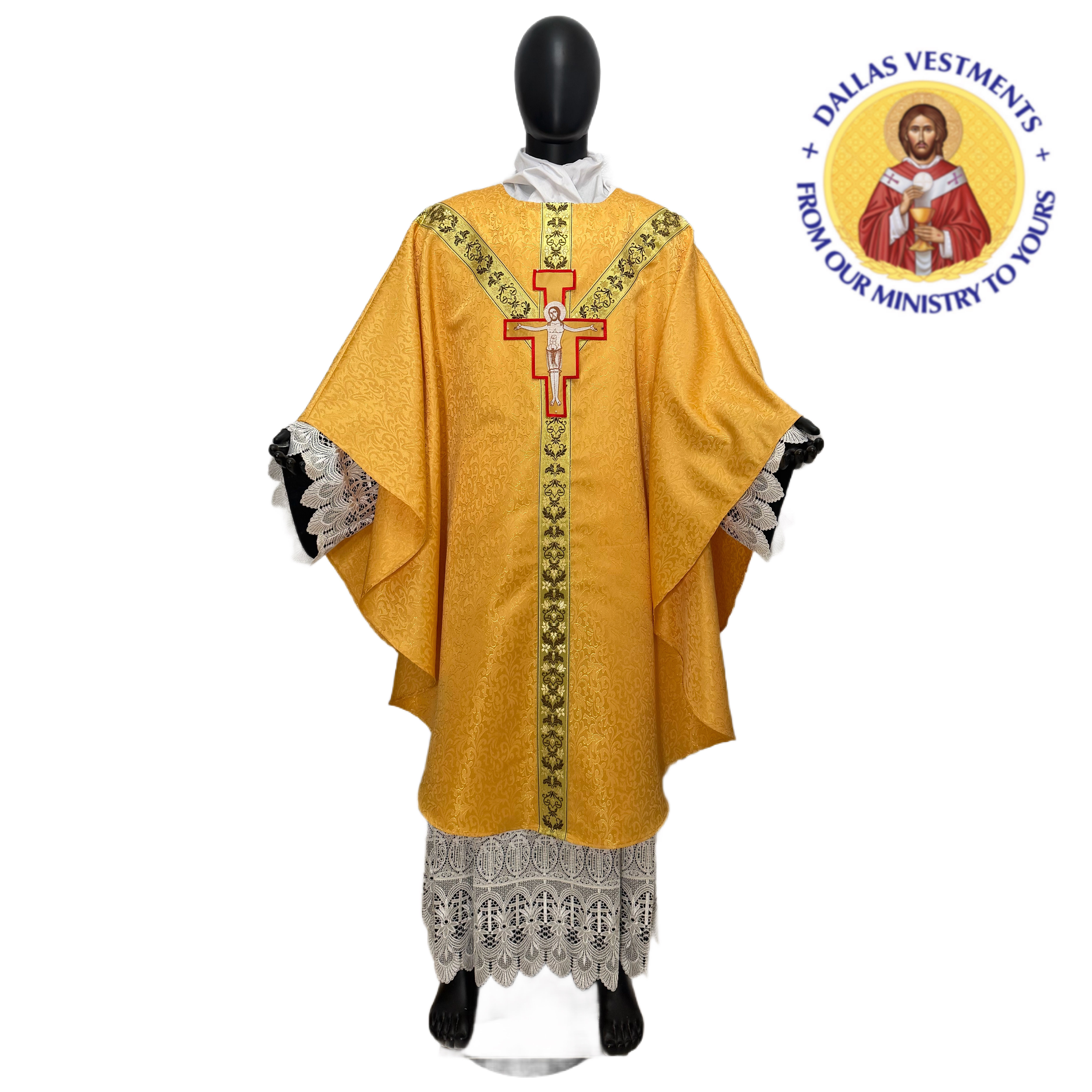 Gold Floral Brocade Semi-Gothic Chasuble with Stole (San Damian Cross)