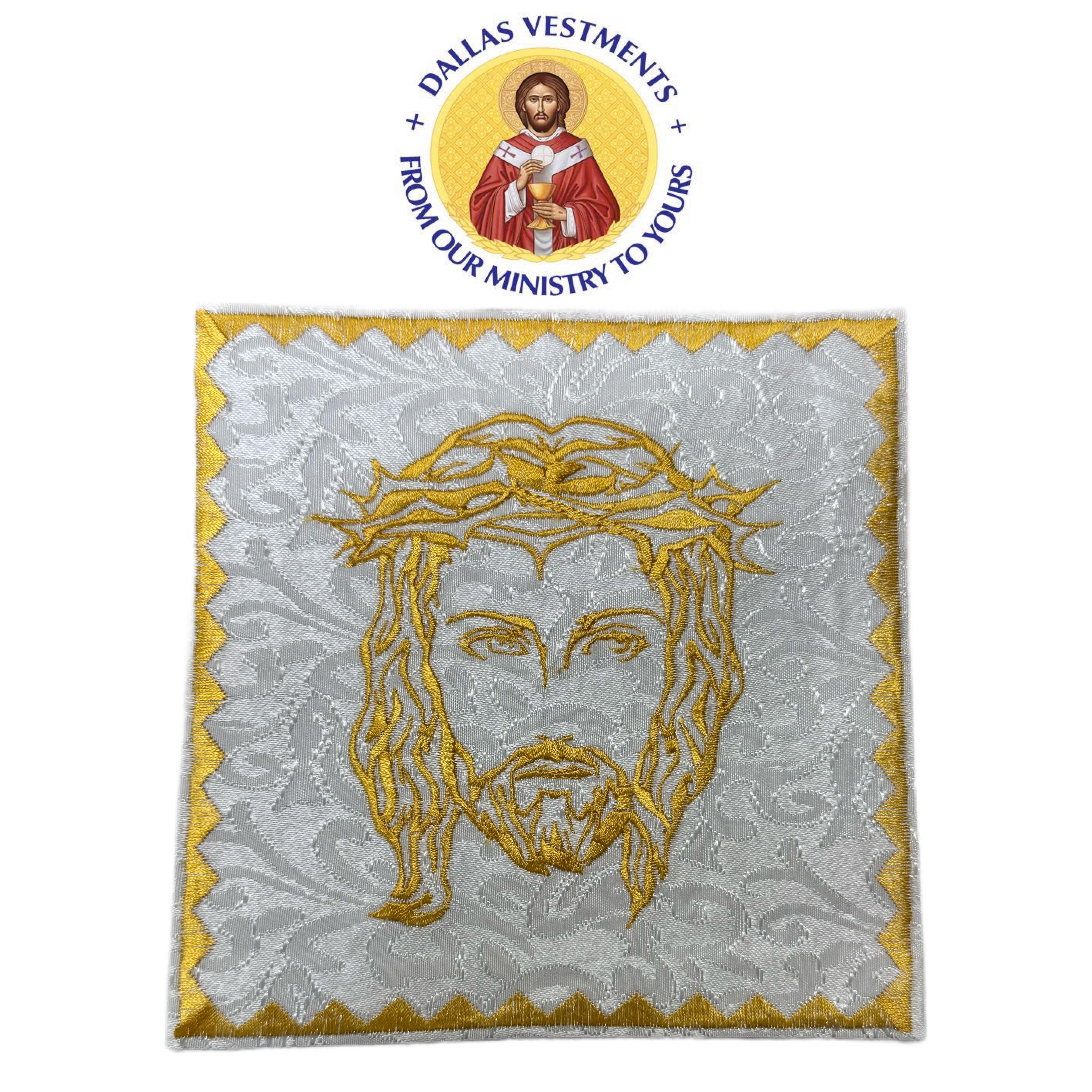 Gold Holy Face of Jesus- White Brocade Chalice Pall 6.5” x 6.5”