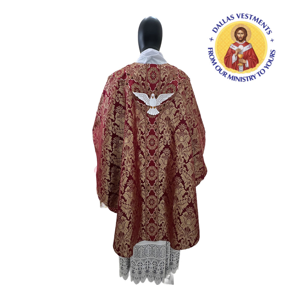 Thumbnail: Red  Jacquard Semi-Gothic Chasuble + Stole (Pentecost)