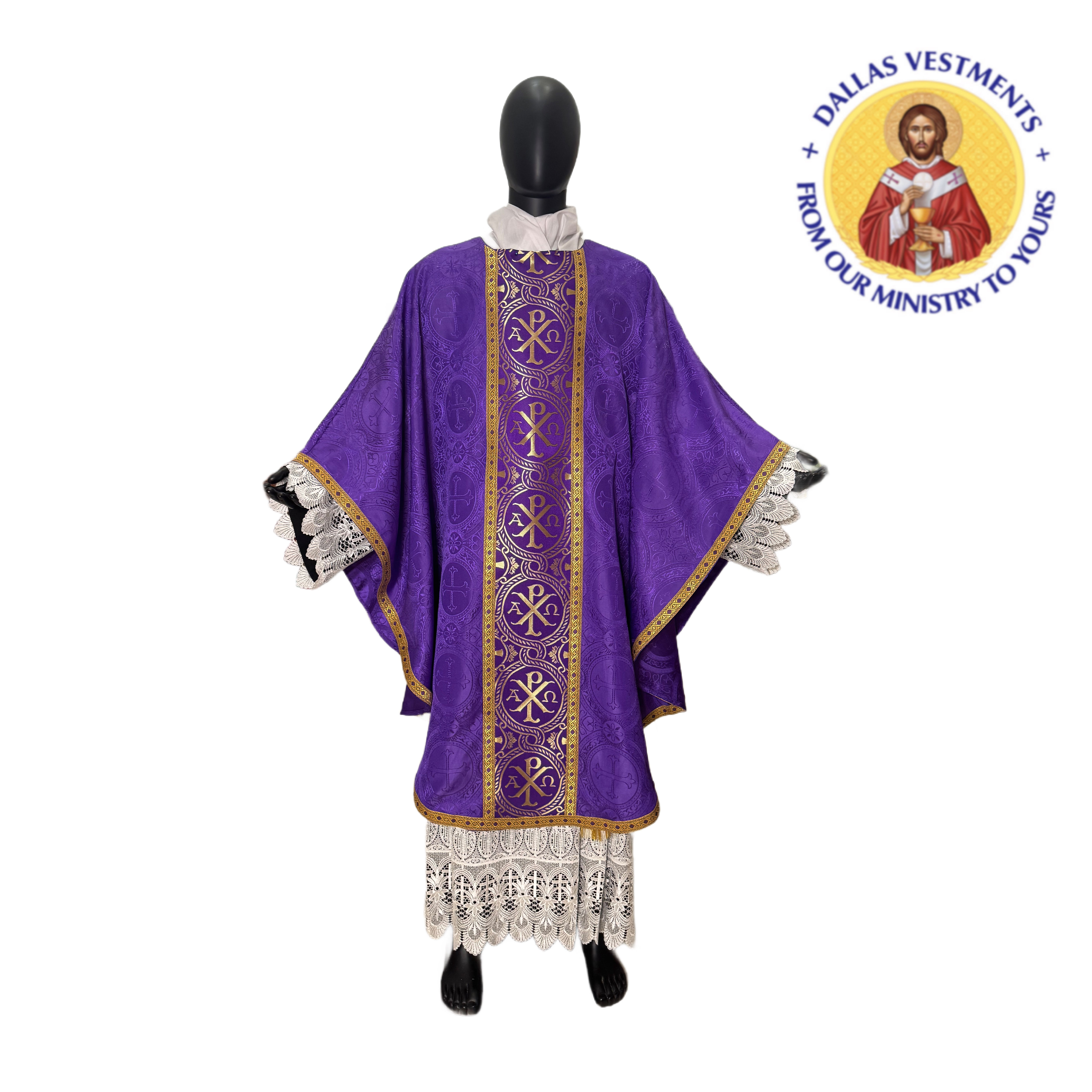 Purple Brocade Classic Chasuble + stole (Chi and Rho)