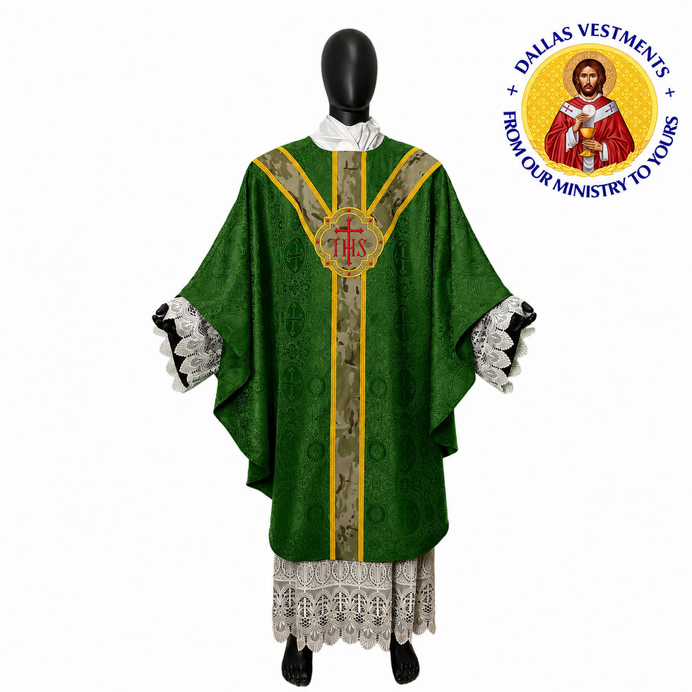 Thumbnail: Green Brocade Semi-Gothic Chasuble (MultiCamo Orphrey)