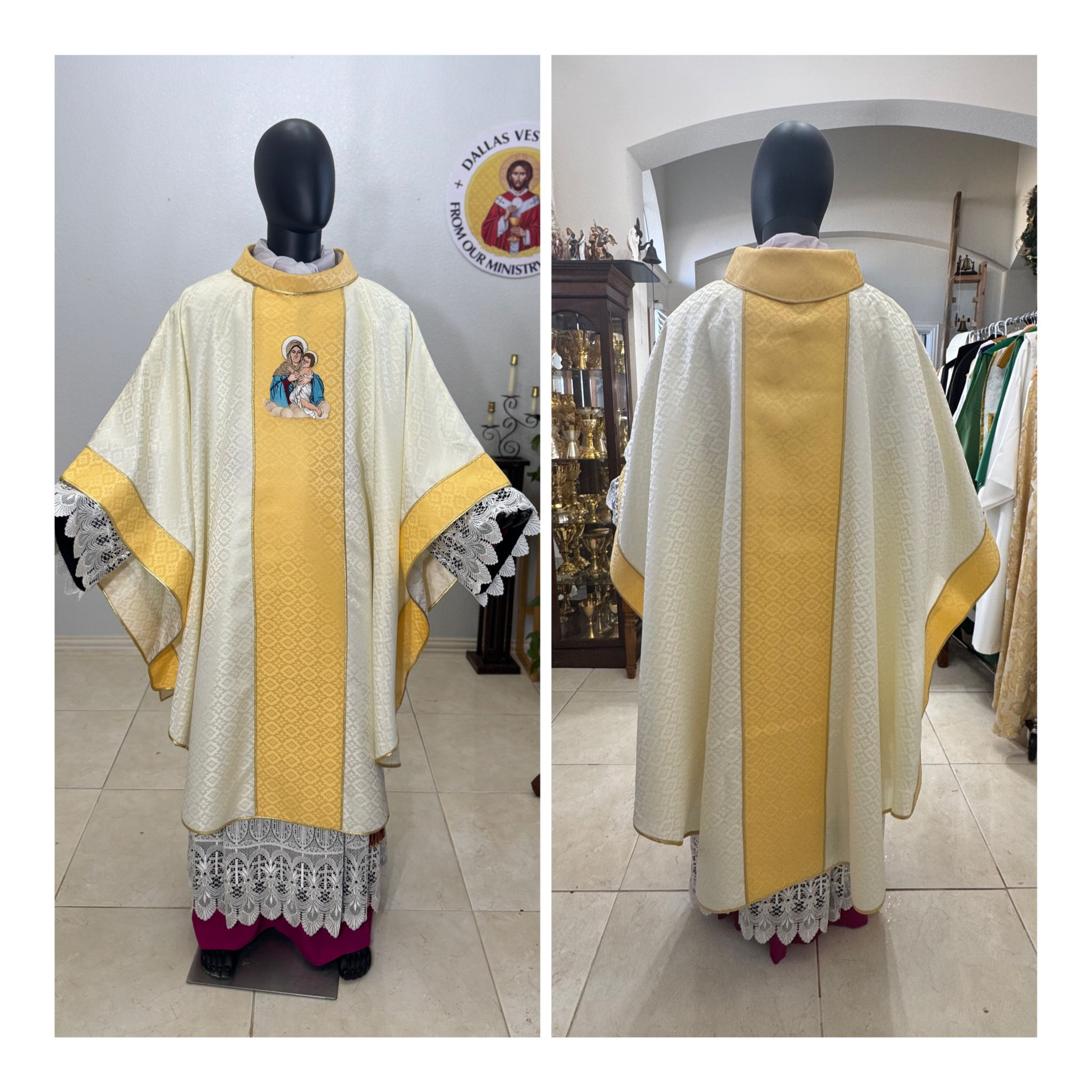 White Gold Collared Monastic Chasuble + Stole ( Madonna and Child)