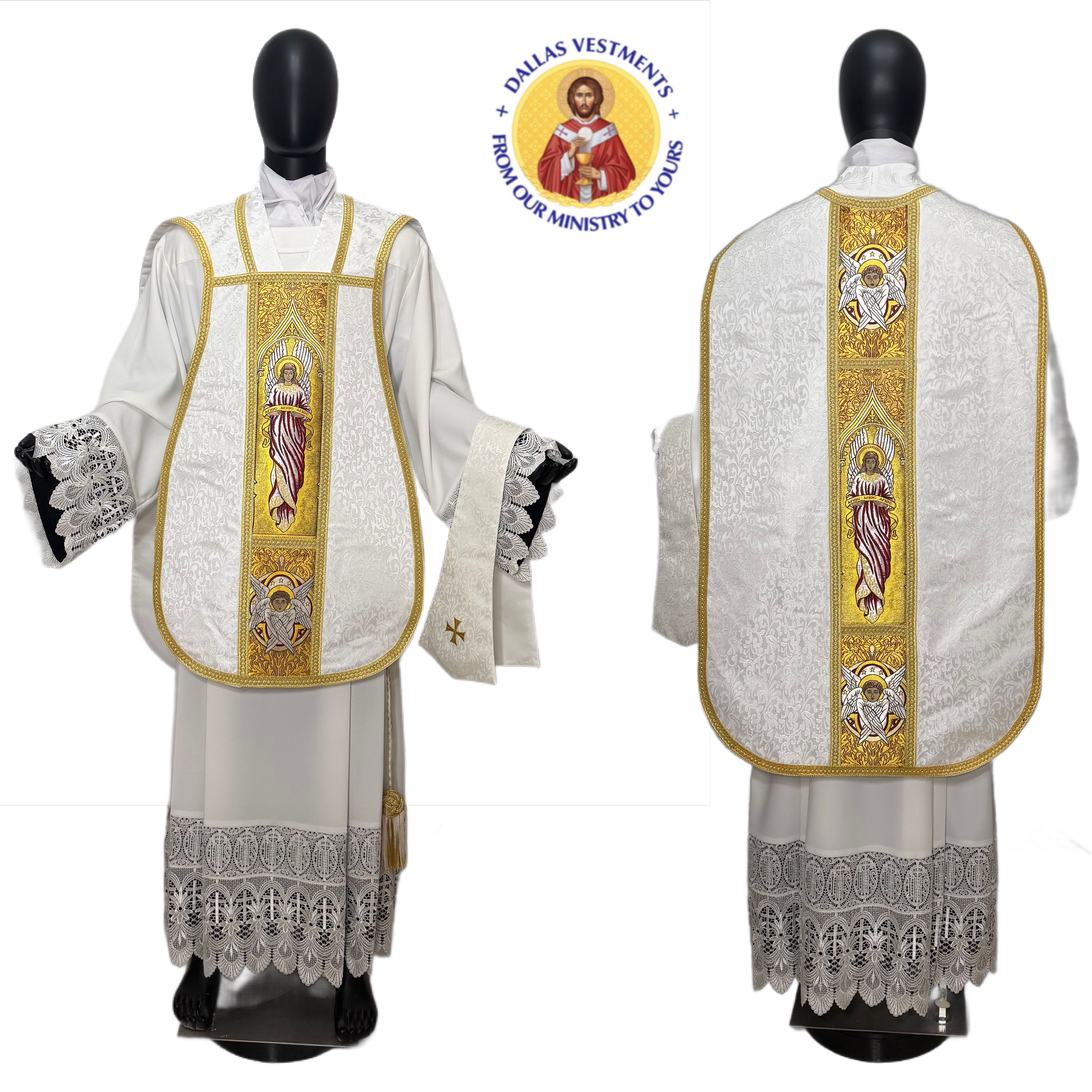 White Floral Roman Traditional (Fiddleback) Chasuble (Holy Holy Holy)