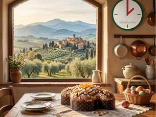 Cucina con colomba su tavolo e una finestra