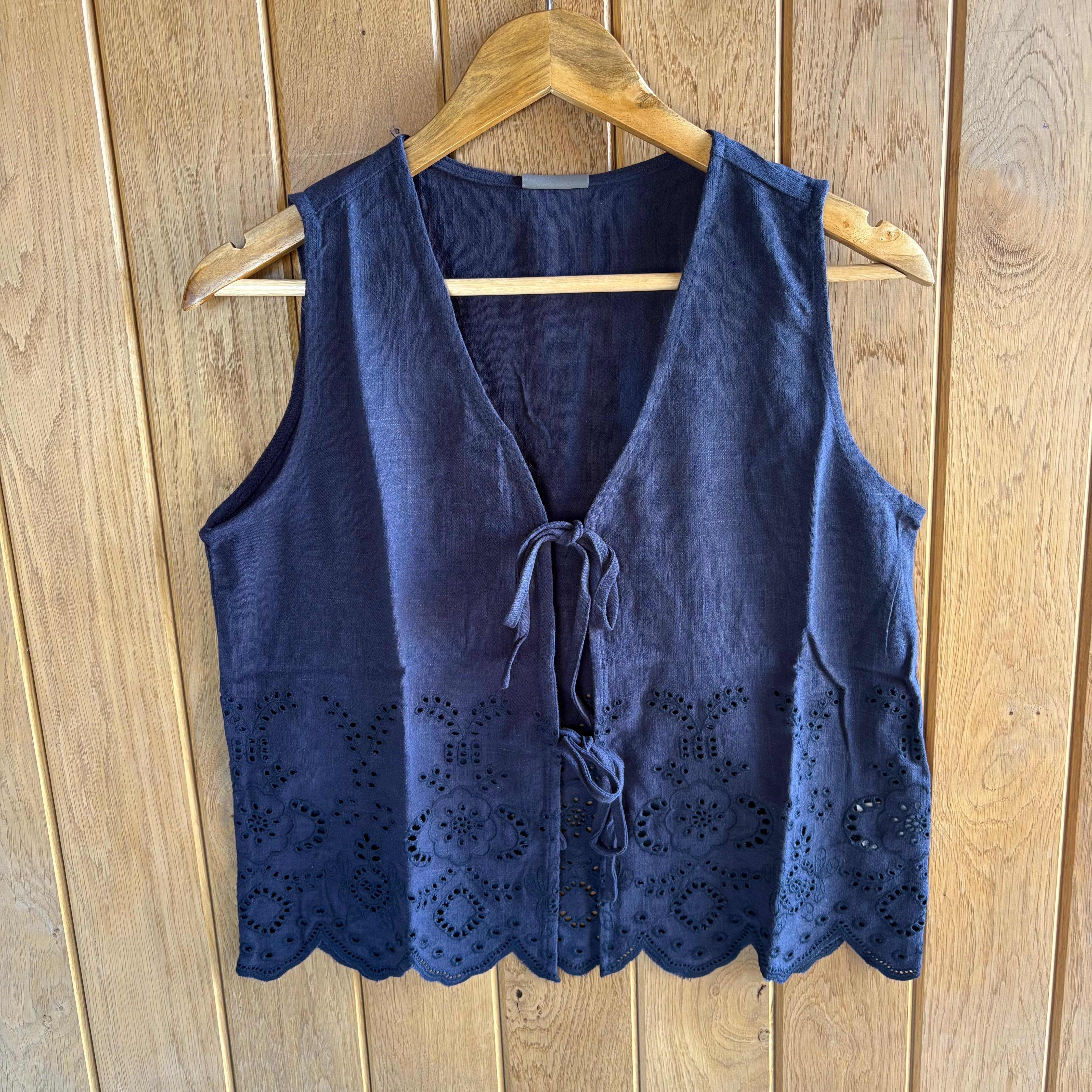 Brand New Aston Navy Tie Front Broderie Top  S/M & M/L