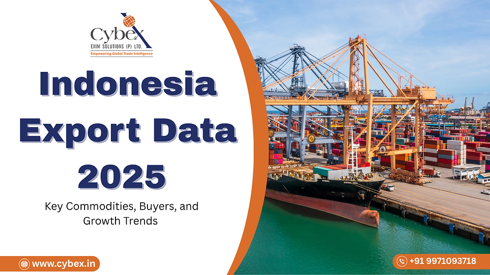 Indonesia Export Data 2025 banner showing a cargo port with containers, cranes, and a ship, created by Cybex Exim Solutions.