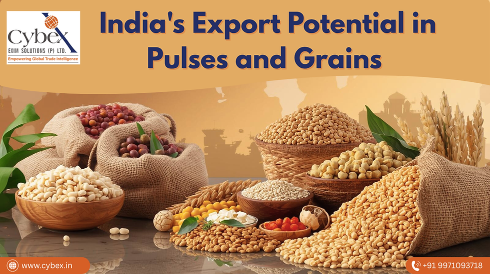 India's Export Potential in Pulses and Grains – Showcasing a variety of pulses and grains, including soybeans, lentils, chickpeas, and wheat, reflecting India's growing export opportunities.