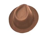 A light-brown trilby hat, as if sitting on someone's head and we are standing behind them. Click the image to subscribe to Mr Edmund Play newsletter