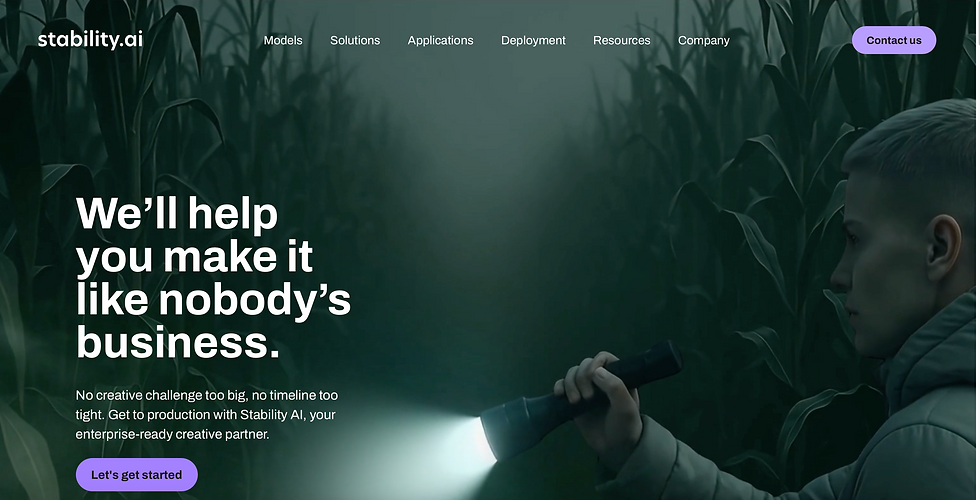 Person with flashlight in a dark cornfield. Text: We’ll help you make it like nobody’s business. Button: Let’s get started. Mood: Mysterious.