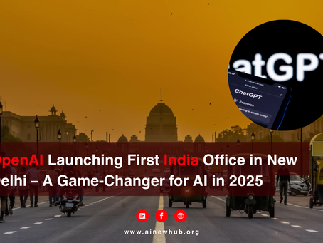 OpenAI to open first India office in New Delhi by 2025. Orange sky with New Delhi's street scene. "ChatGPT" text on a phone.