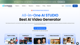 AI Studios webpage promoting "Best AI Video Generator." Features include topic to video, dubbing AI, custom avatar, and video generator.