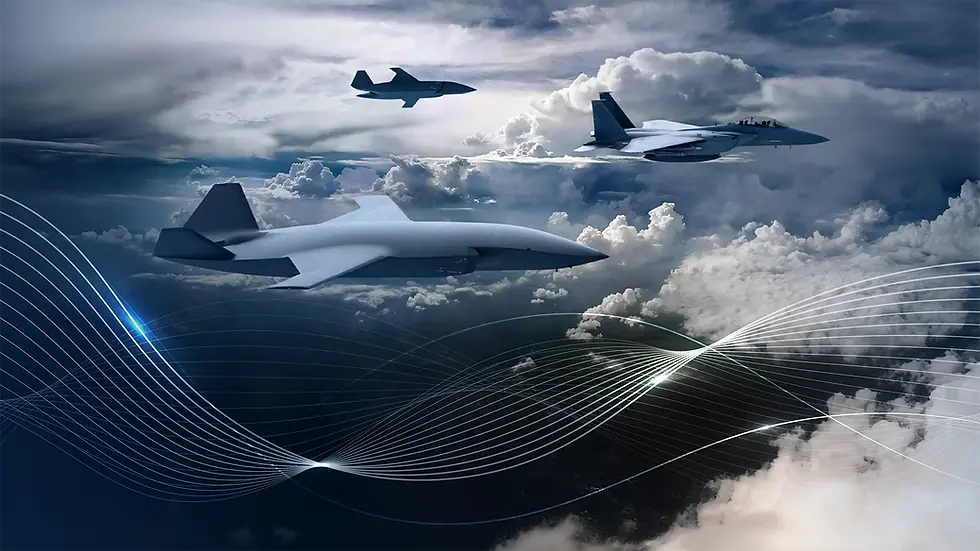 Three military jets fly among clouds against a dramatic sky. White lines overlay the image, adding a dynamic, futuristic feel.