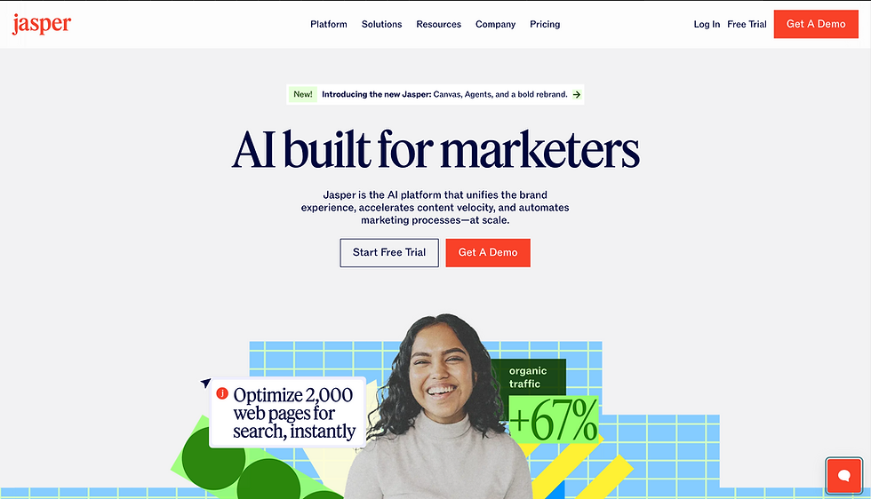 Jasper AI homepage with text "AI built for marketers." Features a smiling person, colorful graphics, and offers for a free trial and demo.