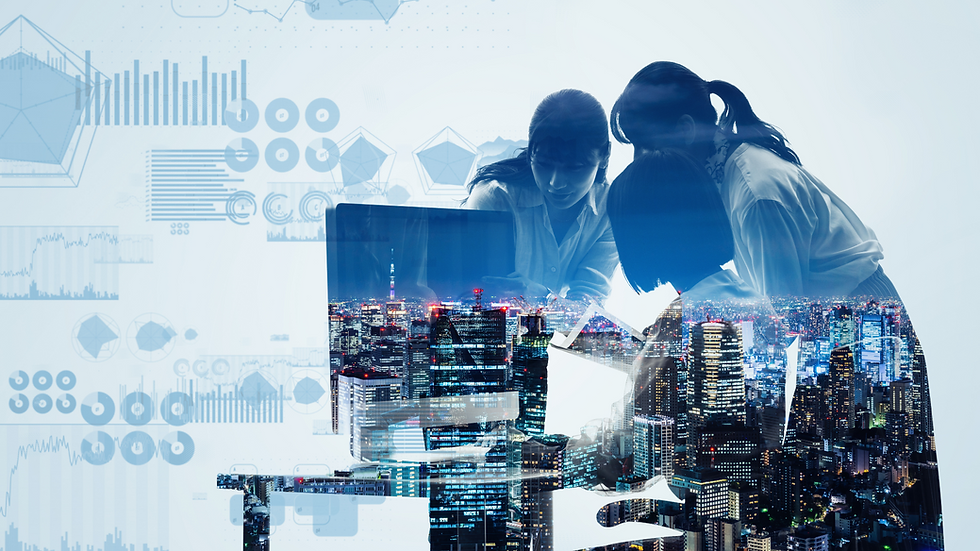 Three people collaborate over a laptop, overlaid with cityscape at night. Background features blue charts and graphs, suggesting data analysis.