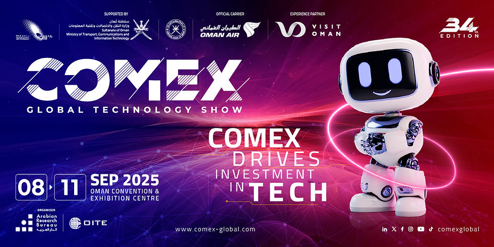 Robot on a purple gradient background with tech lines. Text: COMEX Global Technology Show, Sep 8-11, 2025, Oman Convention Centre.