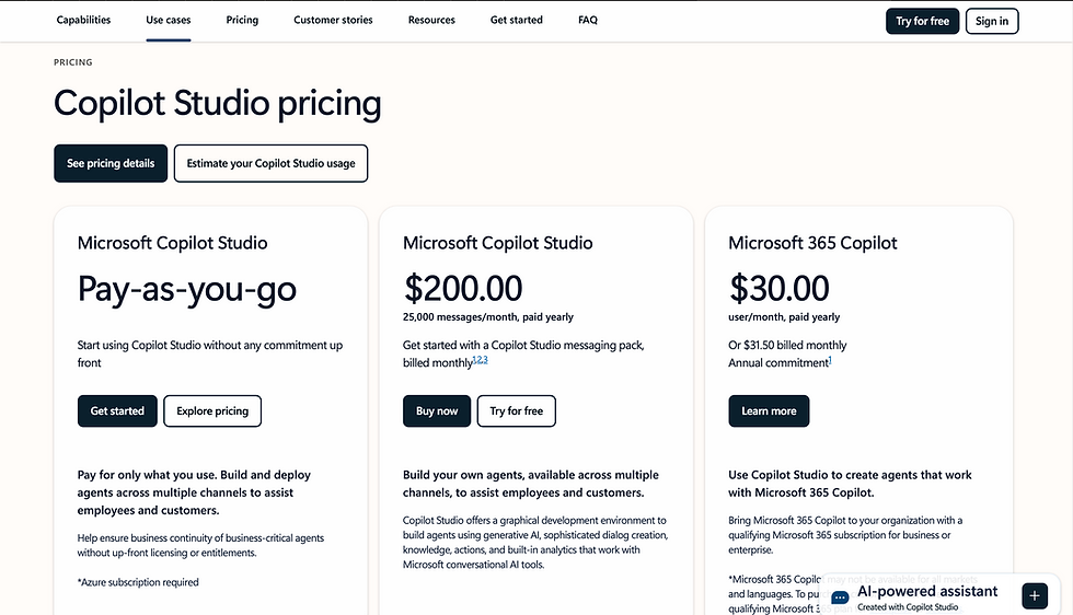 Microsoft Copilot Studio pricing page with three plans: Pay-as-you-go, $200, and $30. Includes options to buy and learn more.