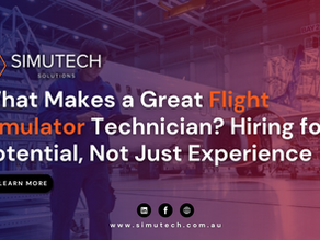 Person with a tablet in a hangar beside an aircraft. Text: "What Makes a Great Flight Simulator Technician?" Learn more button. Simutech logo.
