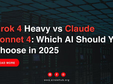 Grok 4 vs. Claude Sonnet 4 AI debate in a futuristic server room. Red text highlights. Website link: ainewhub.org.