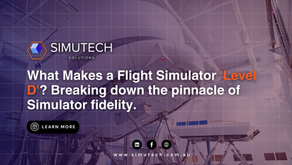 Flight simulator with mechanical components in a tech setting, overlaid text: "What Makes a Flight Simulator 'Level D'?" Purple tone, Simutech logo.