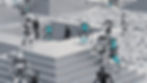 Robots in white and teal climb stone steps and walk on a geometric patterned surface. Background is a layered architectural landscape.