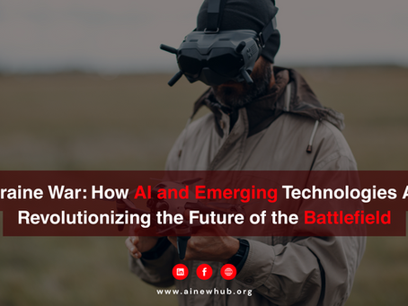 Person in VR headset outside, holding a remote. Text: "Ukraine War: How AI and Emerging Technologies Are Revolutionizing the Future of the Battlefield."