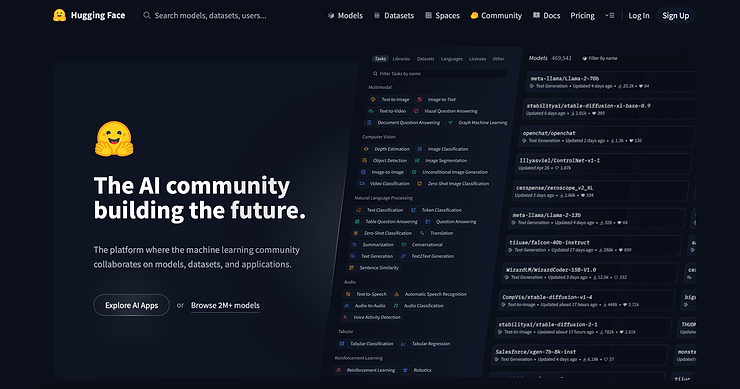 Hugging Face webpage with dark theme, AI emoji, slogan "The AI community building the future," and lists of AI models and tasks.