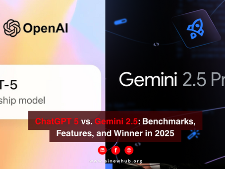 GPT-5 vs. Gemini 2.5 Pro models are compared. Text: "ChatGPT 5 vs. Gemini 2.5: Benchmarks, Features, and Winner in 2025" by AI News Hub. Colorful background.