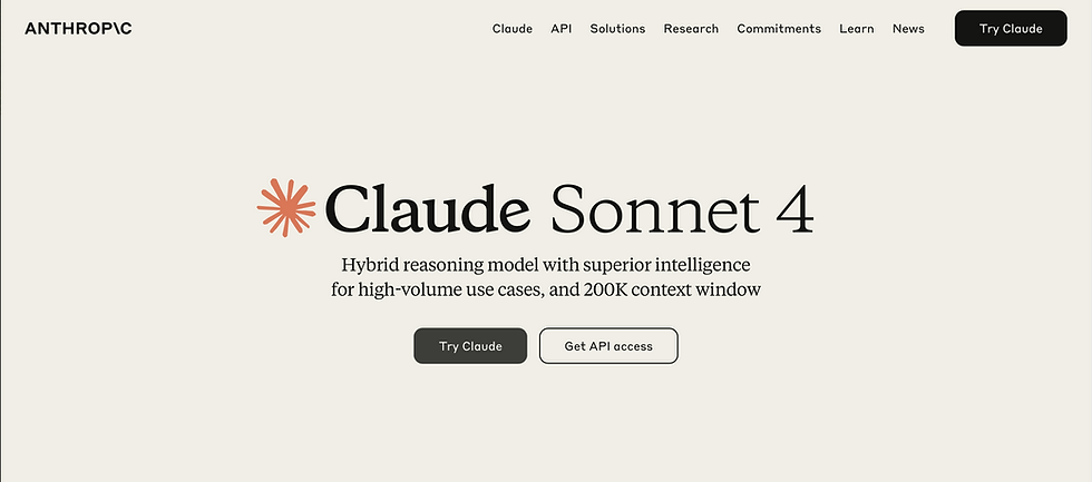 Anthropic webpage featuring "Claude Sonnet 4," a hybrid reasoning model. Beige background, orange asterisk, and buttons for "Try Claude" and "Get API access."
