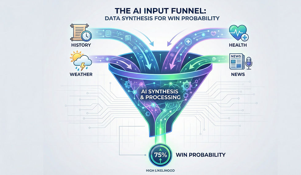 AI input funnel graphic showing data streams: history, weather, health, news. Purple, blue, green colors. Text: 75% win probability.