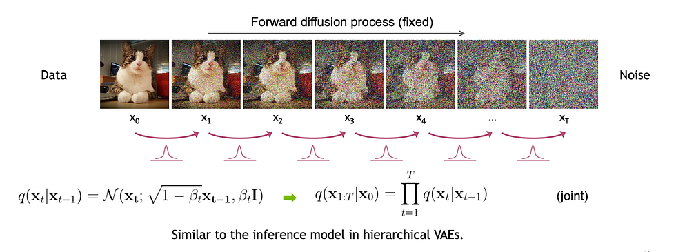 Diagram showing a cat image undergoing a forward diffusion process with increasing noise levels, arrows, and mathematical equations.