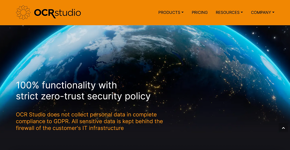 Earth from space with city lights on the dark side. Text: "100% functionality with strict zero-trust security policy." Orange banner at top.
